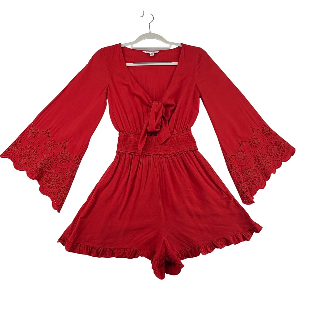 American Eagle Red Eyelet Bell Sleeve Romper Womens XXS Tie Front Smocked Waist